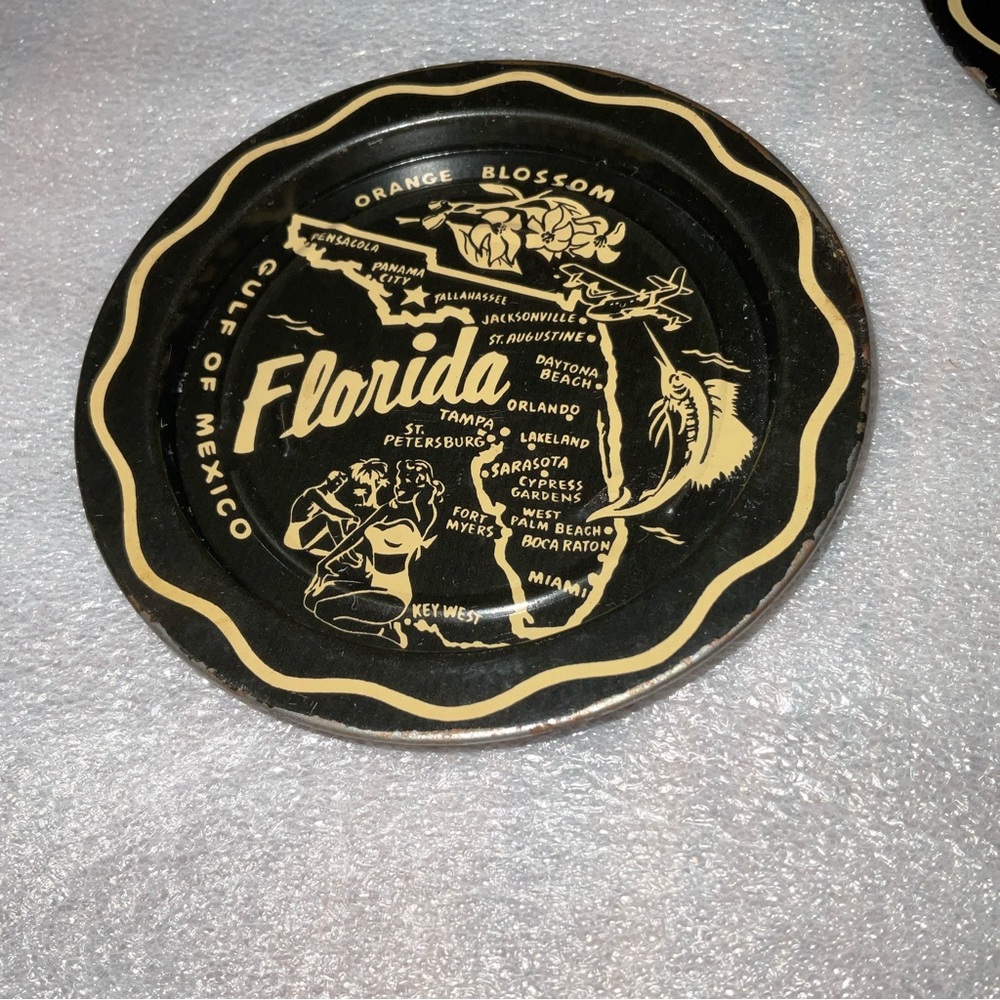 Vtg Florida State Souvenir Map Round Tin Tray Travel Trip Orange Blossom Beaches - Picture 9 of 11